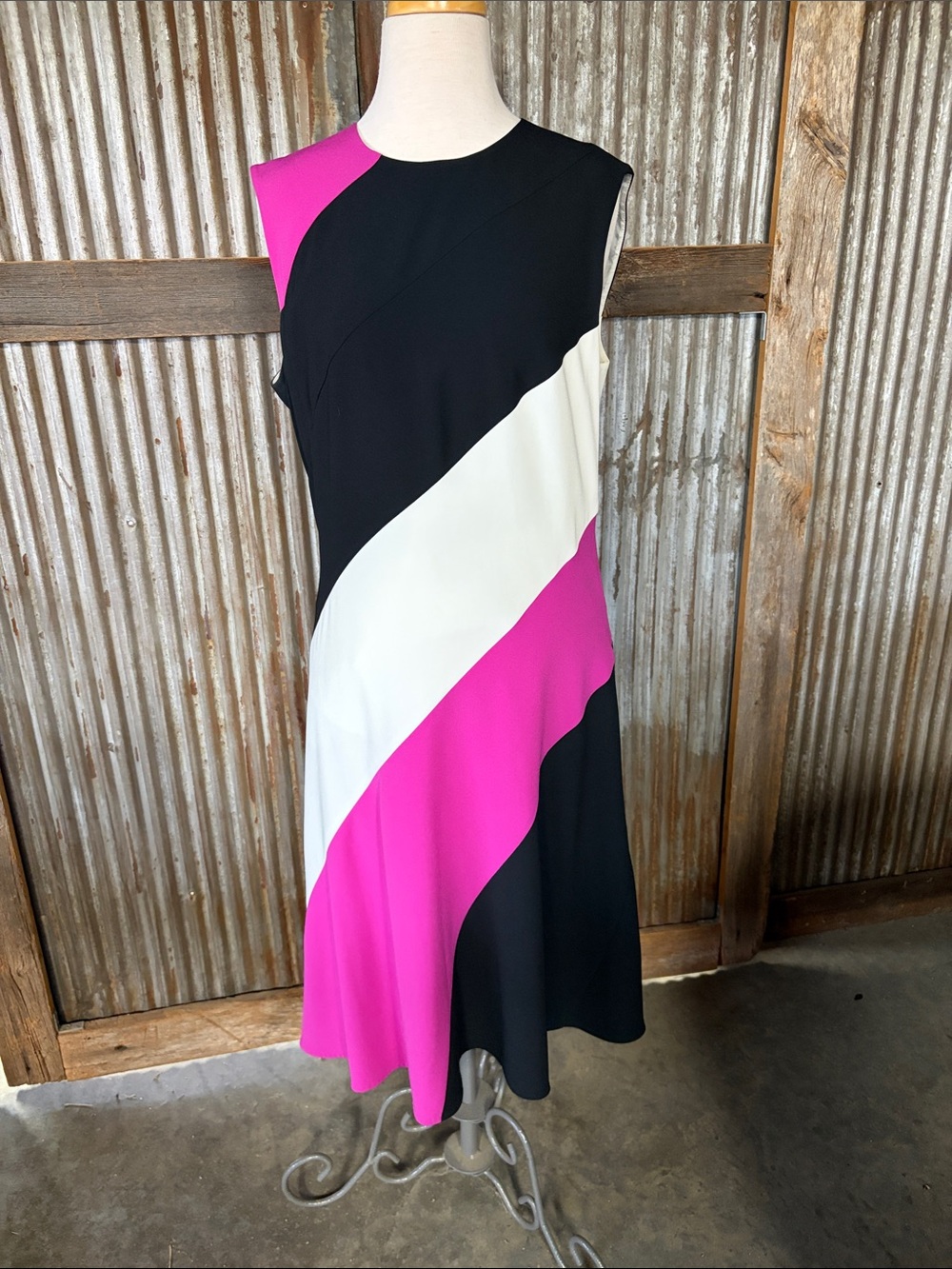 Escada Colorblock Sleeveless Midi Dress in Hot Pink, Black & White